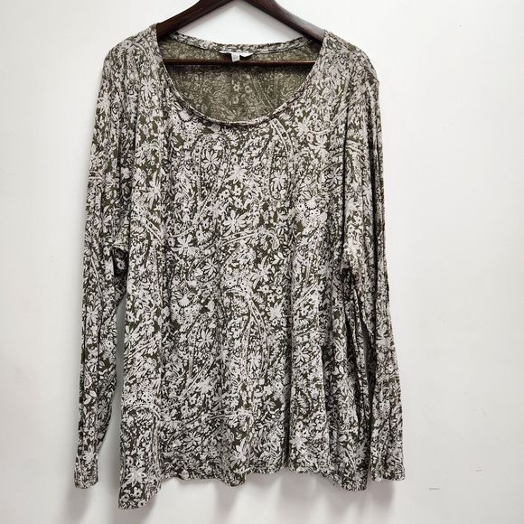 Lucky Brand Womens Plus Scoop Neck Tunic Blouse 3X Green Floral Long Sleeve Boho - Picture 1 of 10